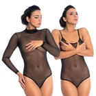 Tulle quality women body long sleeve body sexy blouse tulle body half collar bodysuit