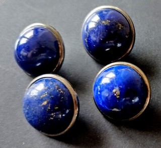 4 Boutons anciens ronds Cabochons en Lapis Lazuli monture argenté 1900 1940