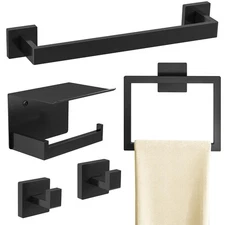 Matte Black Bathroom Accessories Hardware Set 5-Piece, Stainless Steel Towel ...