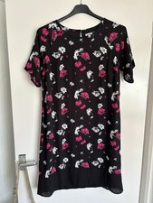 Damart Black White Pink Floral Short Sleeve Shift Occasion Knee Length Dress 14