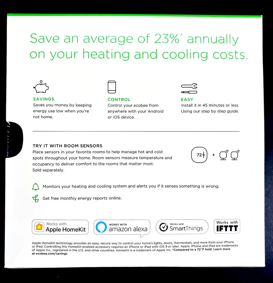 Умный термостат Ecobee3 Lite (EB-STATE3LT-02) программируемое тепловое охлаждение ЗАПЕЧАТАННЫЙ - Изображение 2 из 4