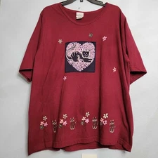 Bobbie Brooks Plus Size T-shirt Cat Heart Floral Cottagecore Y2K Red 22W 24W