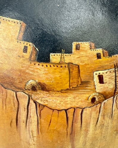 Large Hand-Painted Gourd Vase – Pueblo Cliff Dwelling Scene – Signed Barbetta K - Picture 10 of 14