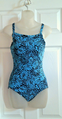L.L. Bean Swimsuit 10 Long Torso 10L Blue Floral Print Padded Shelf Bra