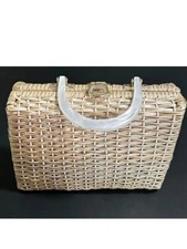 Vintage Natural Wicker Basket Weave Box Purse Lucite Top Handle 1950's Handbag