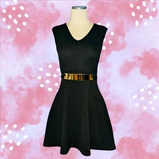 HYPNOTIK Black Sleeveless Cocktail Dress FIT N FLARE Gold Detail Junior's Medium
