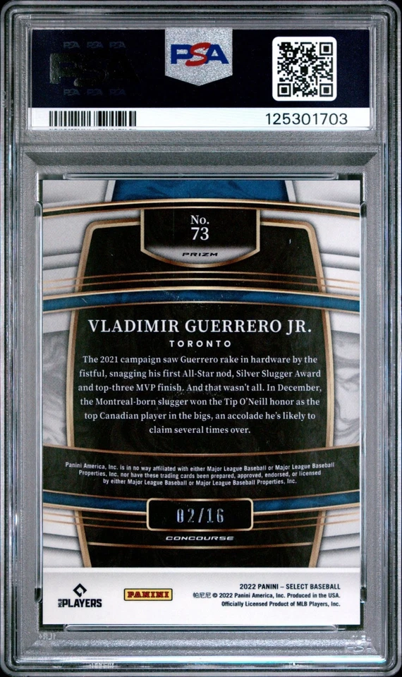 2022 Panini Select Concourse Vladimir Guerrero Jr. #73 Orange Pulsar /16 PSA 10 - Image 2 of 2