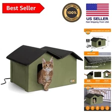 Insulated Heated Cat House with Two Escape Exits - Olive, Perfect for Winter