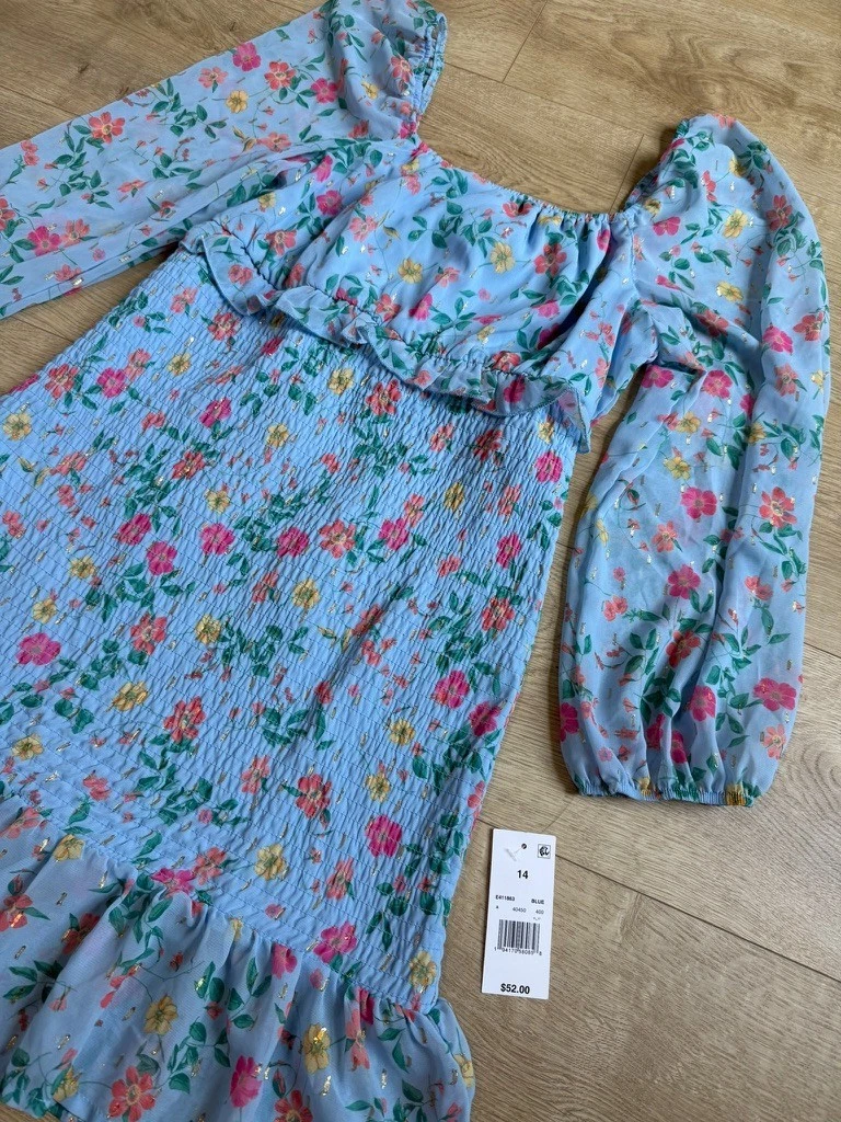 NWT Tween Diva Girls Blue Floral Dress Special Occasion Party Boho Smocked sz 14