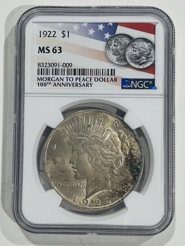 1922 Peace Dollar Silver Coin NGC MS63 100th Anniversary USA Flag Label