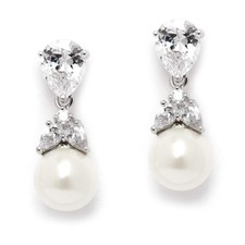 Mariell Clip-On Pearl Drop Bridal Earrings with Cubic Zirconia Crystals and I...