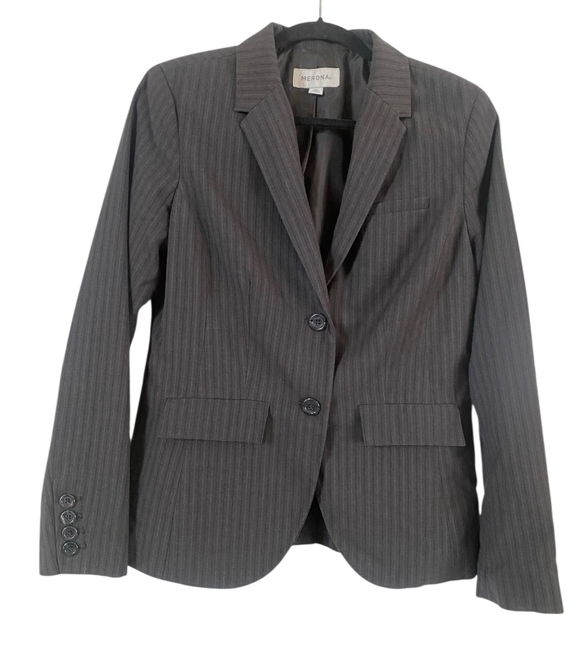 Traje Blazer Merona Mujer Taupe Rayas Talla 10 Pantalones Talla 8 Carrera Negocios Foto 3 de 4