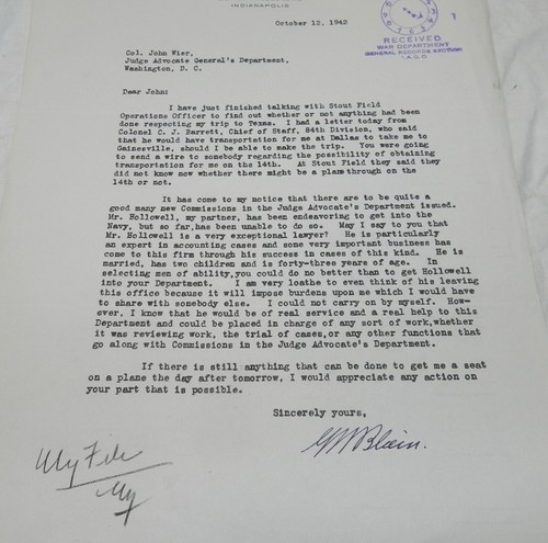 Vintage 1942 Letter to Col. John Weir Judge Advocate General's dept. - Picture 3 of 3