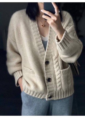 Women's Pure Cashmere Knitted Cardigan Fashion Winter Wear 96% V-neck Coat