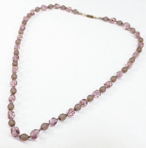 Vintage Purple Frosted Molded Glass Beaded Brass Barrel Clasp Necklace 26"