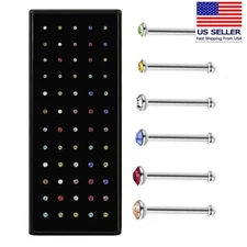 60 PC CZ Nose Rings Bone Stud Stainless Steel Color Body Piercing Pin Jewelry