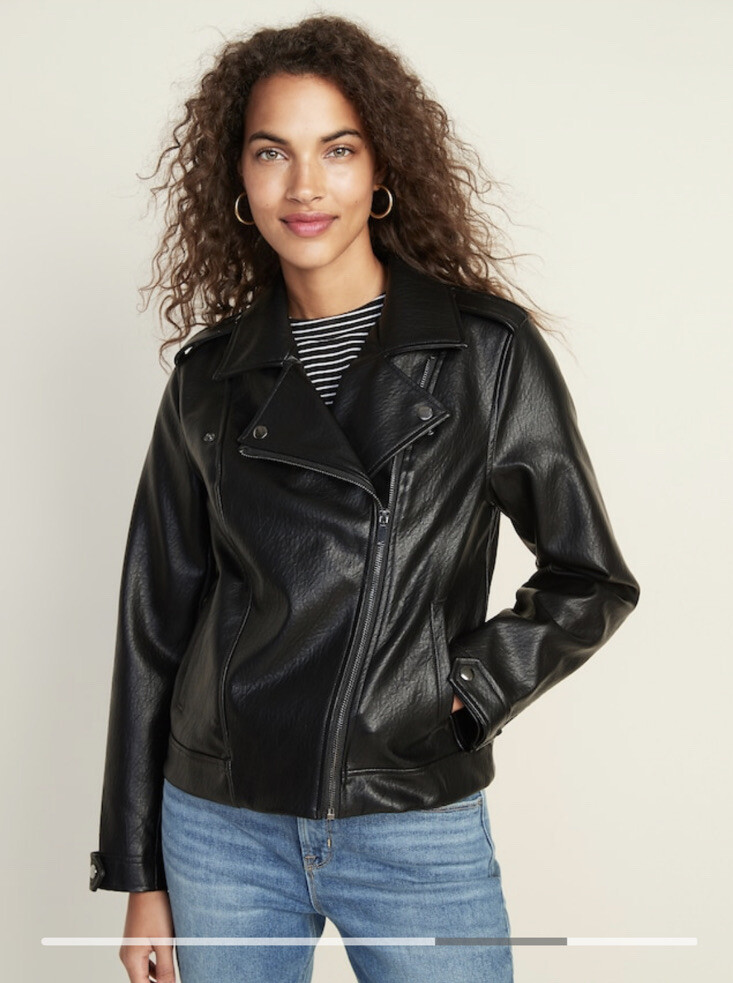 Old Navy Faux-Leather Moto Jacket For Women Vegan Biker Coat Black