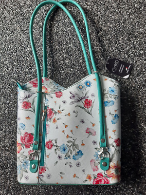 ORE10 - Handtasche aus Leder mit türkisfarbenen Henkeln und Blumenmuster (NEU!)