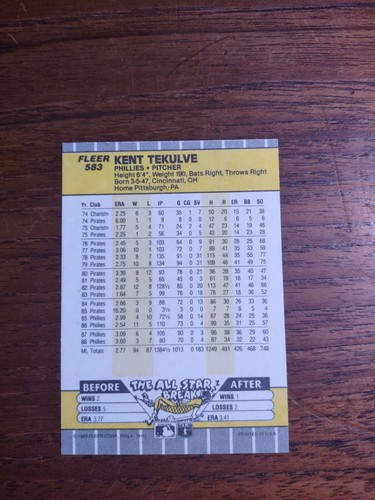 1989 Fleer Kent Tekulve 583 - Picture 2 of 2