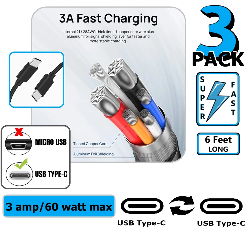3 Pack USB C 6ft Super Fast Charger FOR Samsung Galaxy S20 S21 S22 S23 S24 S25 - Image 3 of 4