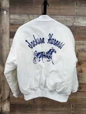 Vtg 80s Swingster White Bomber Satin Snaps Jacket Sz Medium "Jackson Harness" 