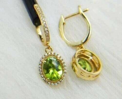 2.50Ct Oval Cut Lab Created Peridot Drop/Dangle Earrings 14K Yellow Gold Plated - Image 2 of 4