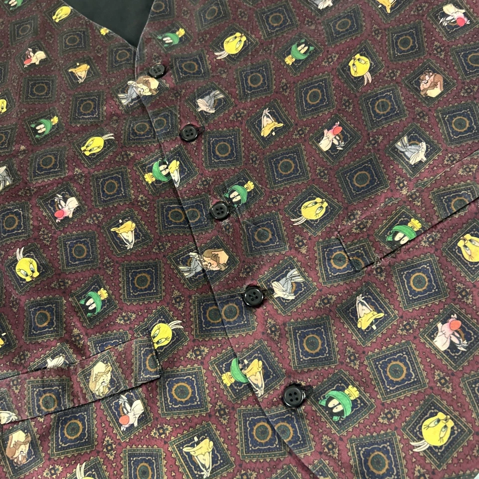 Vtg Looney Tunes Mania Formal Tuxedo Suit Vest Mens Large Aop Marvin Taz Silk - Image 3 of 4