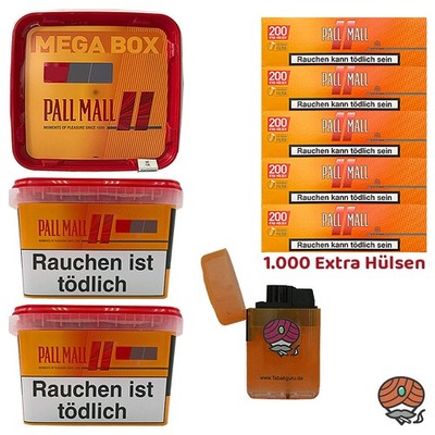 Pall Mall Allround Tabak Mega Box 3x 145g, Allround Hülsen, Sturmfeuerzeug