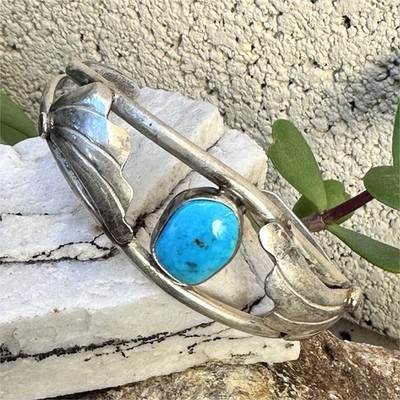 VINTAGE NATIVE AMERICAN NAVAJO PILOT MOUNTAIN TURQUOISE STERLING SILVER BRACELET