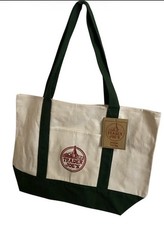 Trader Joe's Large Canvas Tote Reusable Bag 20x14x6" Green/White  NEW 