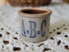 Vintage Miniature Salt Glaze Crock Blue A.B.C Accents 1 3/4"w×1 1/2"t
