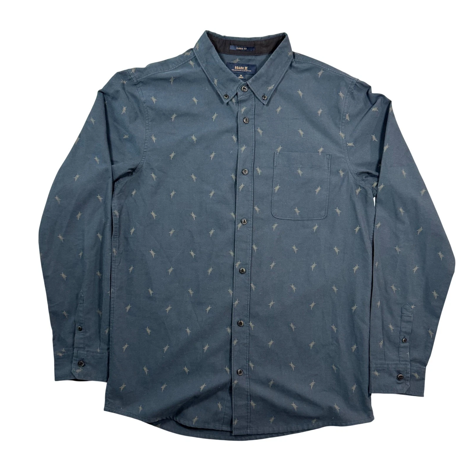 Roark Classic Fit Scholar Long Sleeve Shirt Blue Geometric AOP Mens M Preppy