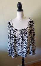 Morgan Taylor Womens Plus 1X Top Button-Up Square Neck Zebra Pattern Black/Cream