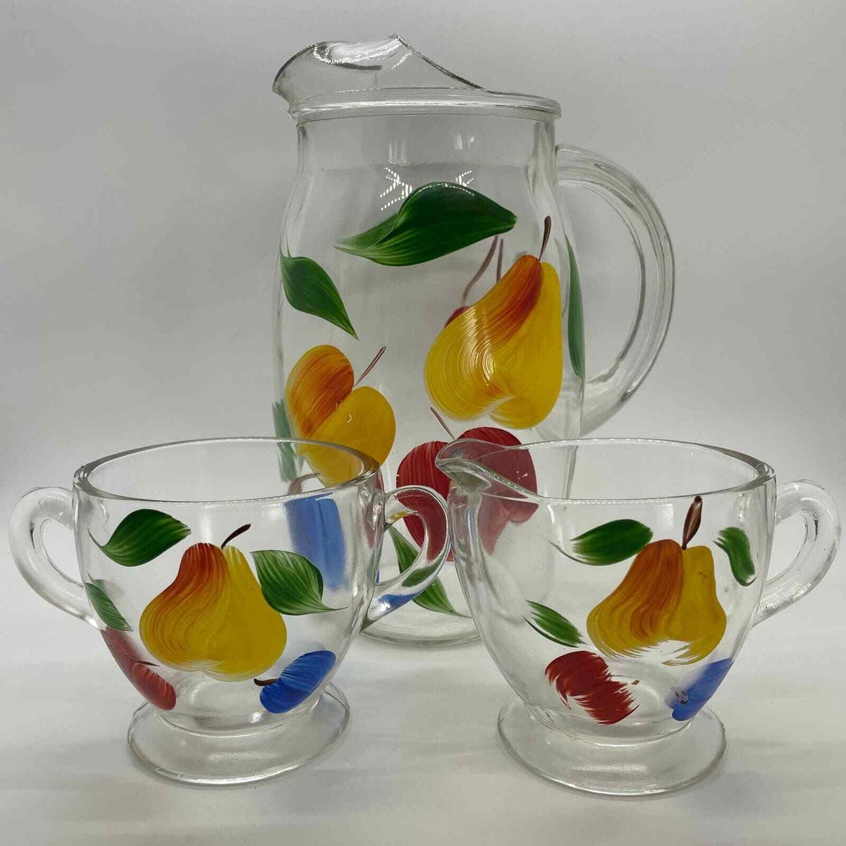Set of 3 - Vintage Hand Painted Fruit Design Glass Milk Pitcher