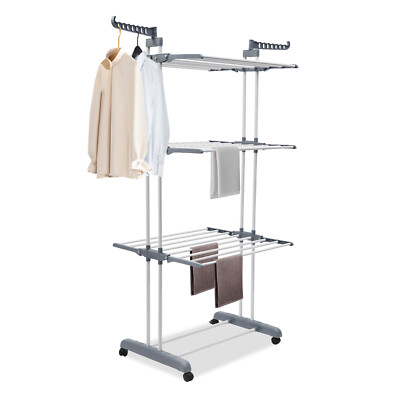 4-Layer Foldable Laundry Rack Metal Drying Rack w/Rolling Base