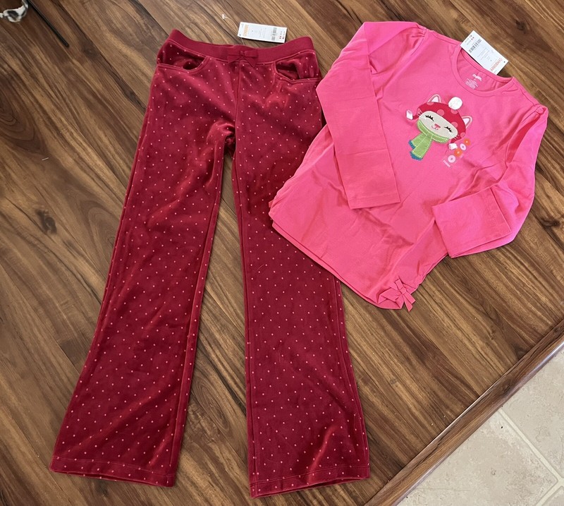 Gymboree NWT Girls 9 Winter Kitty Cat Pink L/S Shirt Top + Red Velour Pants NEW