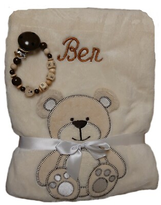 Babydecke mit Namen bestickt + Schnullerkette Geschenk Baby Taufe Geburt rosa