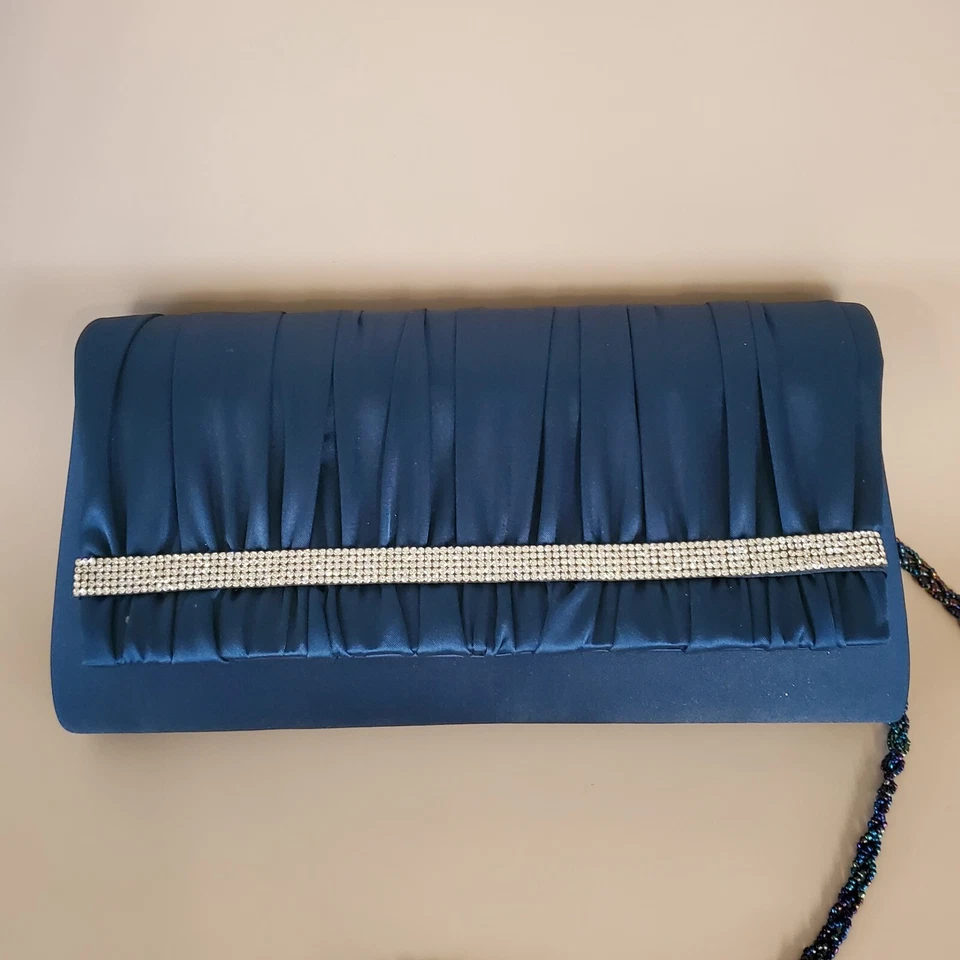 Navy Classic Pleated Satin Evening Bags Rhinestone Clutch Purse w Beaded Chain - Image 3 of 4
