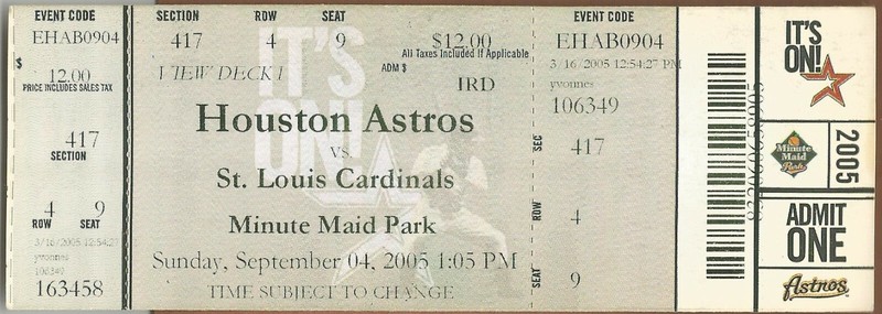 Lance Berkman HR #172 9/4/05 Cardinals at Astros Full Ticket Jason Marquis W #40