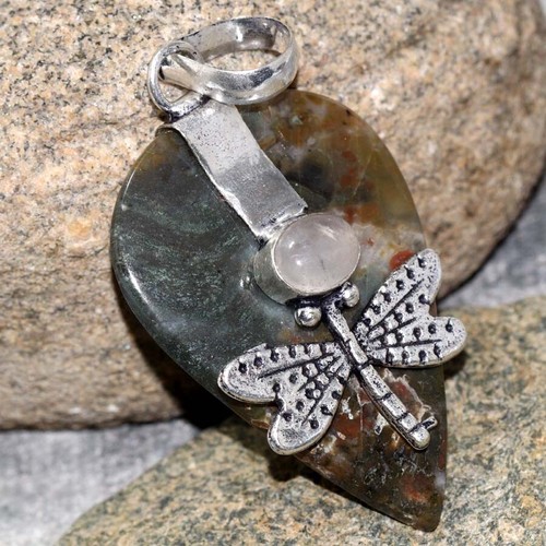 925 Silver Plated Red Jasper Rose Quartz Cap Pendant Jewelry Size 2.2" JW