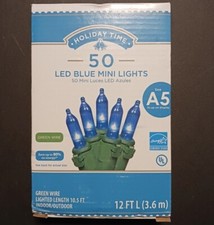 Holiday Time 50 Count Blue LED Mini Lights Green Wire 12 Ft Long. NEW