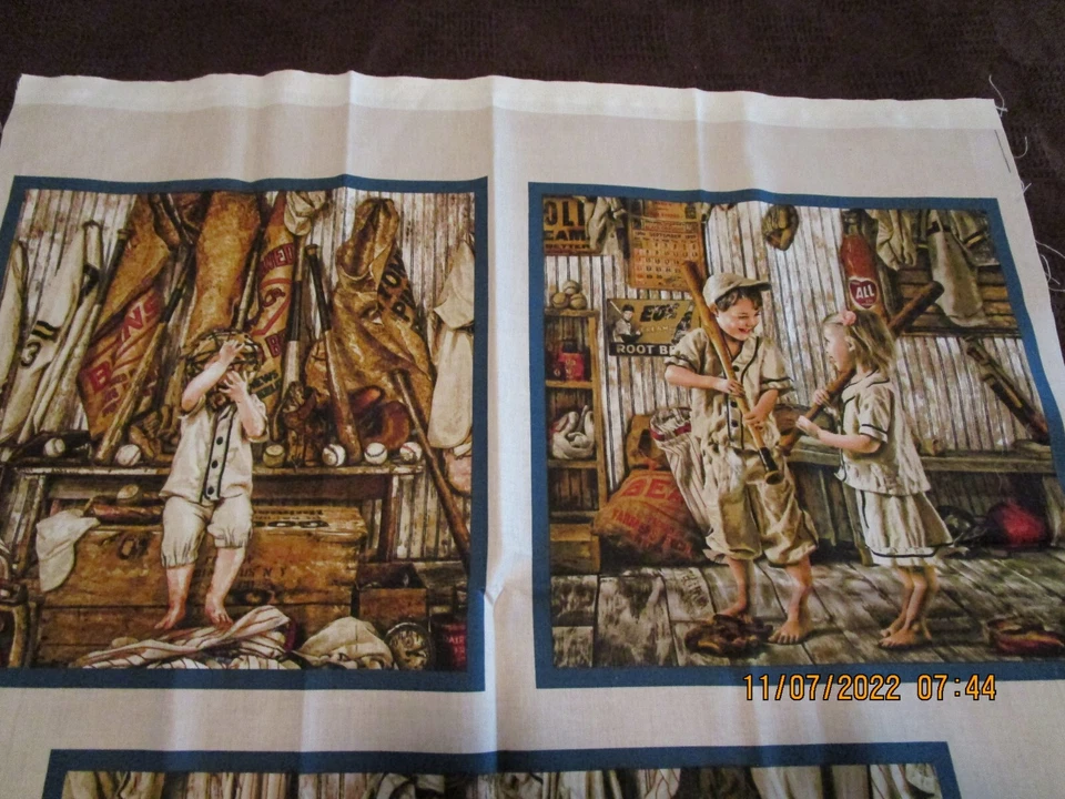 PLAY BALL FABRIC VINTAGE SEPAI ELIZABETH STUDIOS COTTON FABRIC PANEL 44" X36" - Image 4 of 4