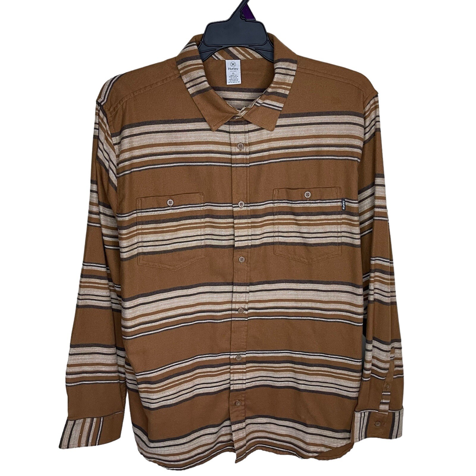 Hurley Flannel Shirt Mens XL Brown Striped Long Sleeve Button Up Cotton Outdoor-image
