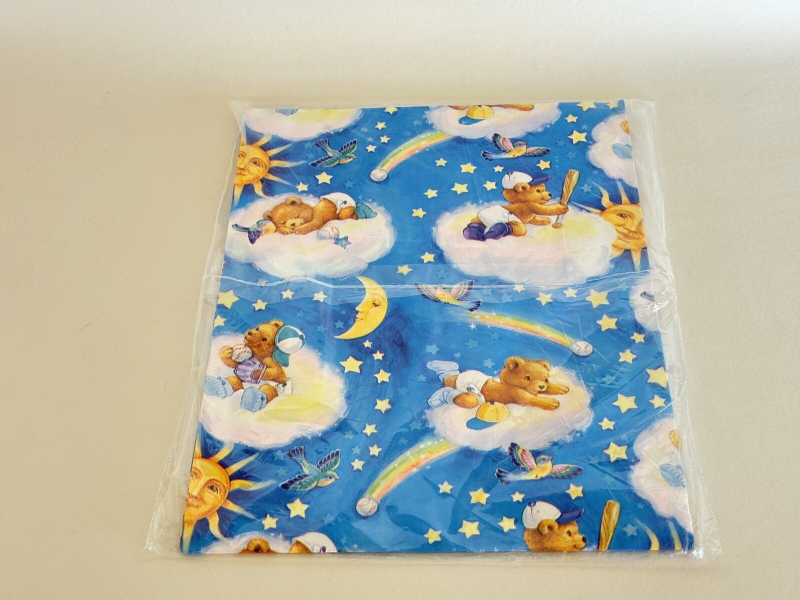 Vtg American Greetings Gift Wrapping Paper Baseball Baby Bear Sun Moon One Sheet