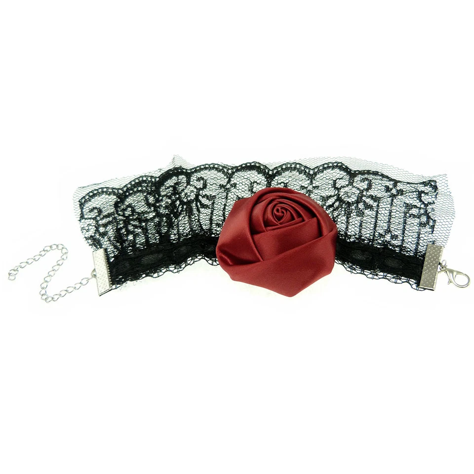 Bracelet manchette femme dentelle noir bordeaux + Bague Réglable gothique - Photo 2/4