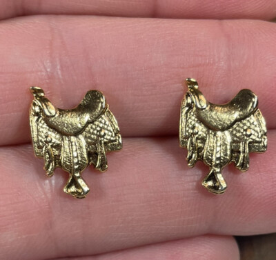 Gold tone cowgirl cowboy saddle shaped earrings pierced .5  quality