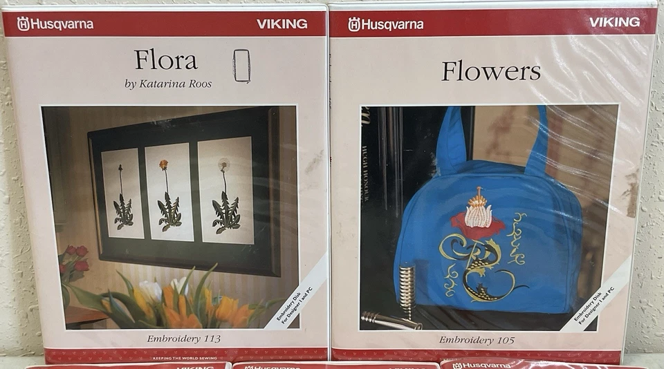 Lote de 8 discos y juego de libros de diseño bordados Husqvarna Viking Foto 2 de 4