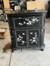 Bar Mid Century Black Lacquer Asian Chinoiserie Bar Cabinet Mother of Pearl  40"