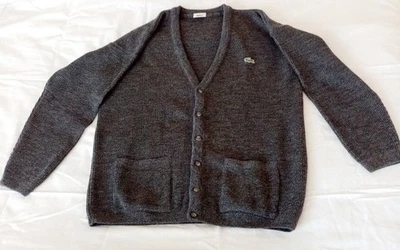 Cardigan Lacoste Vintage Gris 51% Laine Avec Boutons - Taille 4 Homme, col V 70' - Photo 1/4