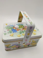 Small Vintage Rabbit Tin Box Rectangle Handle Keller Charles Metal Tulips Easter
